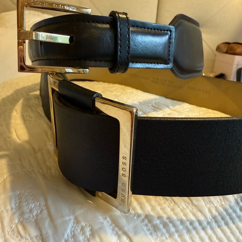 Hugo Boss Black Leather Belt with Silver Buckle
